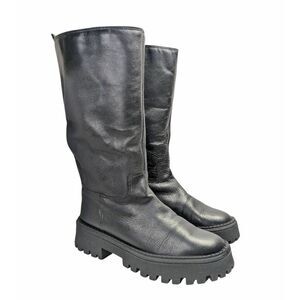 Arezzo Black Leather midcalf lug boots womens 39 EU 8/8.5 US